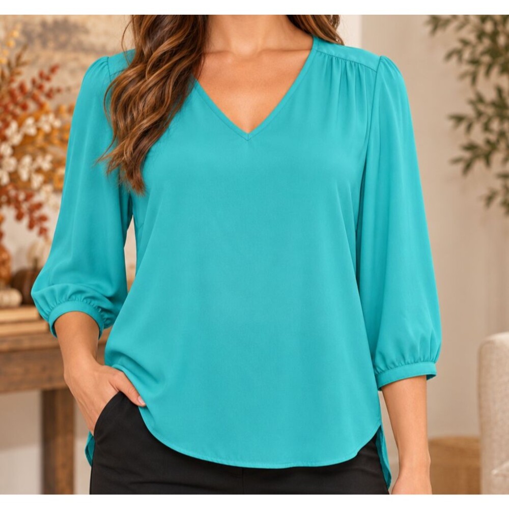 iZ Byer medium teal V-neck blouse lattice cutout back 3/4 sleeve